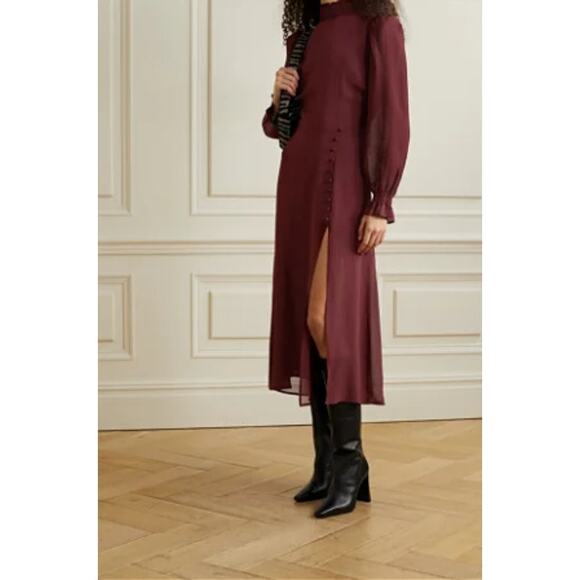 New Reformation Stevi Shirred Georgette Midi Dress Bold Claret size 10 - Picture 3 of 9